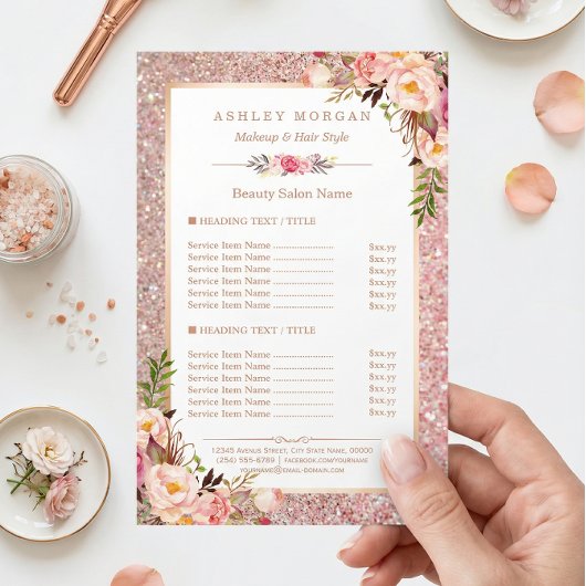 Trendy Roos Gold Glitter Floral Beauty Salon Menu