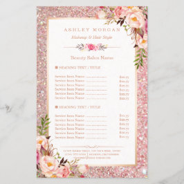 Trendy Roos Gold Glitter Floral Beauty Salon Menu