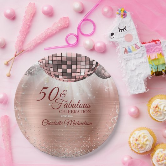 Trendy Roos Gold Glitter Glam 50 & Fabulous Disco Papieren Bordje (Feest)