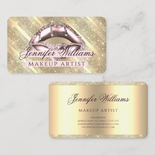 Trendy Roos Gold Glitter Lips Makeup Artiest Gold Visitekaartje (Voorkant / Achterkant)
