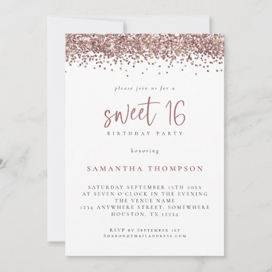 Trendy Roos Gold Glitter Sweet 16 Birthday Party Kaart (Voorkant)