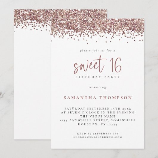 Trendy Roos Gold Glitter Sweet 16 Birthday Party Kaart (Voorkant / Achterkant)