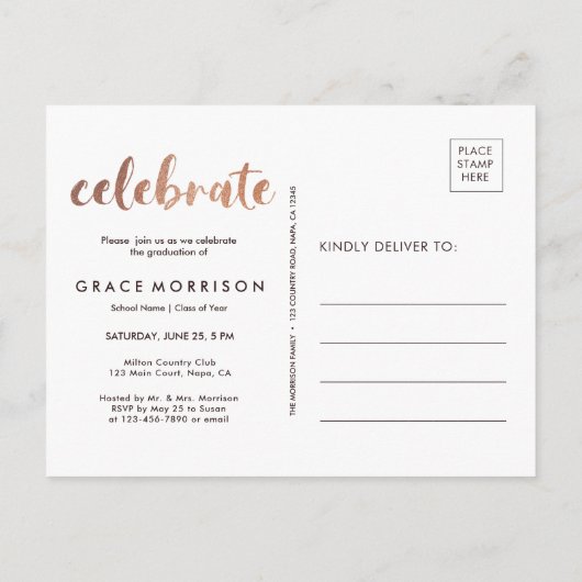 Trendy Roos Gold Graduation Party Foto Uitnodiging Briefkaart (Achterkant)