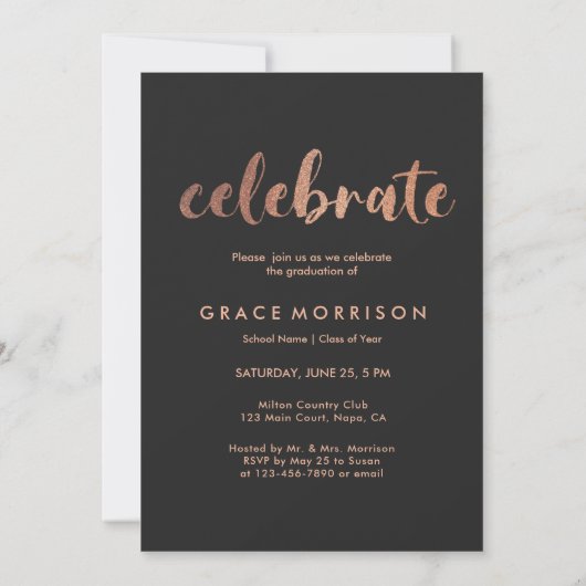 Trendy Roos Gold Graduation Party Photo Invitation Kaart (Achterkant)