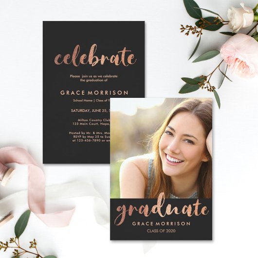 Trendy Roos Gold Graduation Party Photo Invitation Kaart