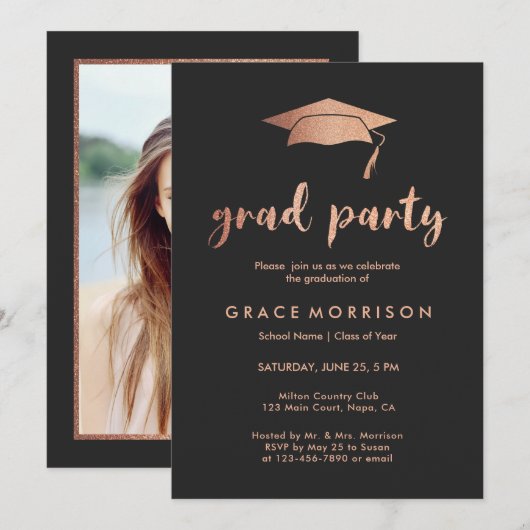 Trendy Roos Gold Graduation Party Photo Invitation Kaart (Voorkant / Achterkant)
