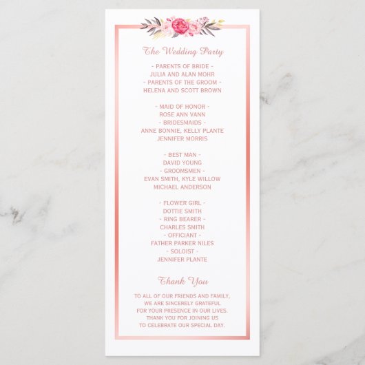 Trendy Roos Gold Lijst Floral Wedding Programme Programmakaart (Achterkant)