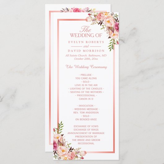 Trendy Roos Gold Lijst Floral Wedding Programme Programmakaart (Voorkant / Achterkant)