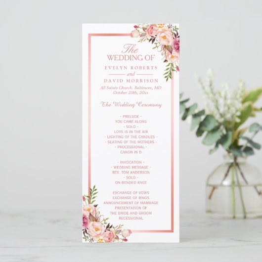 Trendy Roos Gold Lijst Floral Wedding Programme Programmakaart (Staand voorkant)