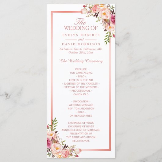 Trendy Roos Gold Lijst Floral Wedding Programme Programmakaart (Voorkant)
