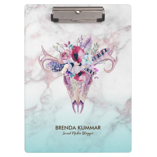 Trendy Roos-gold Marble Ombre & Boho Skull Klembord (Voorkant)