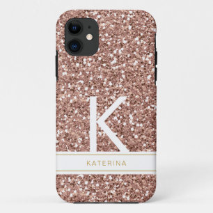 Trendy Roos Gold Pink Glitter Modern Monogram Naam Case-Mate iPhone Case