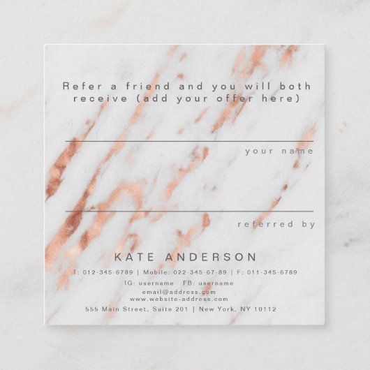Trendy Roos Gold Silver Marble Reference Client Vierkante Visitekaartje (Achterkant)