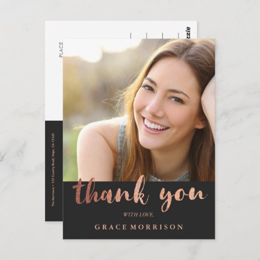 Trendy Roos Goud Afstuderen Foto Dank u Briefkaart (Voorkant / Achterkant)