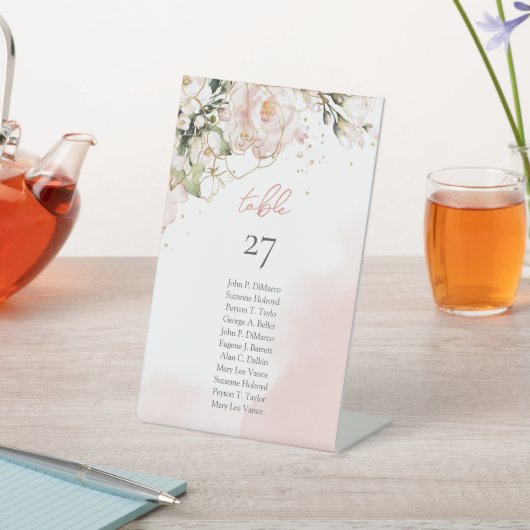 Trendy roos goud bloemengoud schittert eucalyptus reclamebord met voetstuk (Insitu)