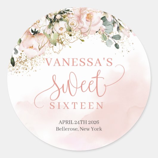 Trendy roos goud bloemengoud sparkle sweet sixteen ronde sticker (Voorkant)