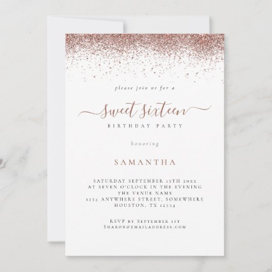 Trendy Roos Goud Glitter Script Sweet 16 Kaart (Voorkant)