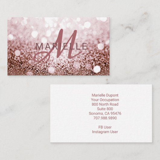Trendy roos Gouden Glitter Monogram Visitekaartje (Voorkant / Achterkant)
