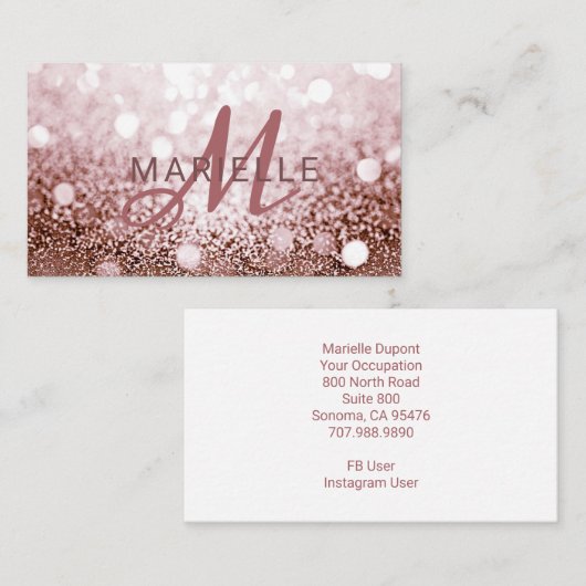 Trendy Roos Gouden Glitter Monogram Visitekaartje (Voorkant / Achterkant)