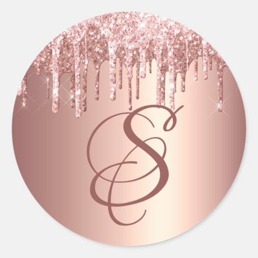 Trendy Rose Gold Glitter Drips Graphic Monogram Ronde Sticker (Voorkant)