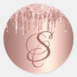 Trendy Rose Gold Glitter Drips Graphic Monogram Ronde Sticker