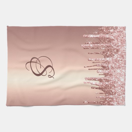 Trendy Rose Gold Glitter Drips Graphic Monogram Theedoek (Horizontaal)