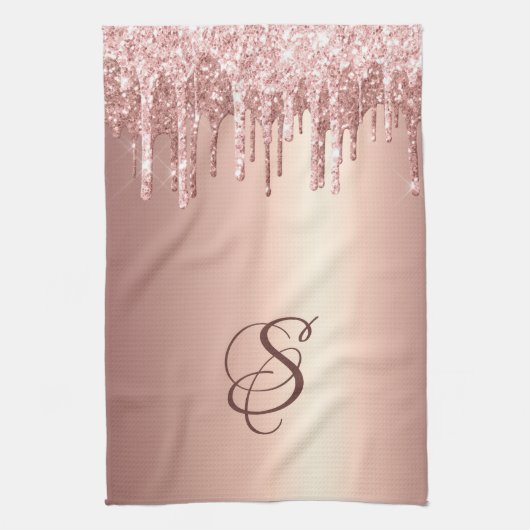 Trendy Rose Gold Glitter Drips Graphic Monogram Theedoek (Verticaal)