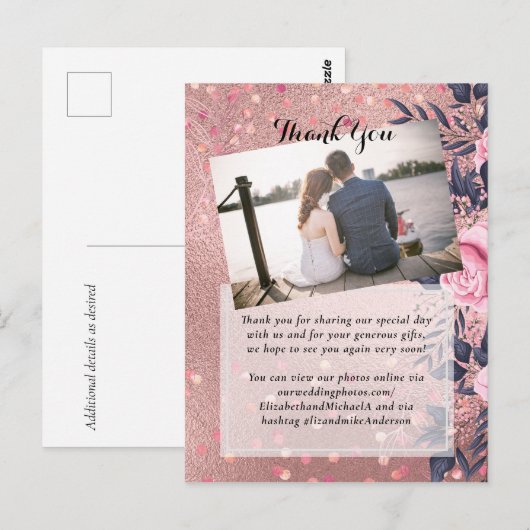 Trendy ROSEGOLD Wedding Metallic Pink Navy Glitter Briefkaart (Voorkant / Achterkant)