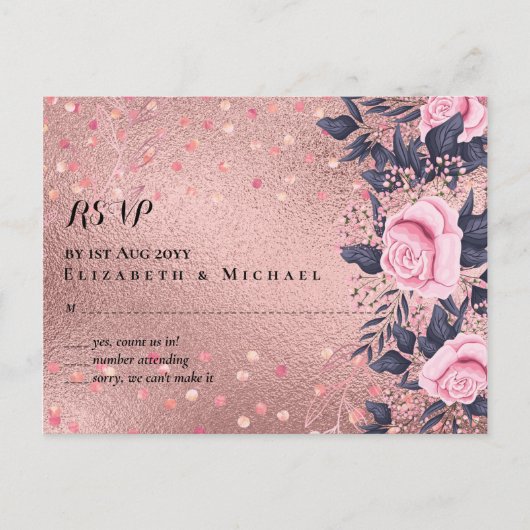Trendy ROSEGOLD Wedding Metallic Pink Navy Glitter Briefkaart (Voorkant)