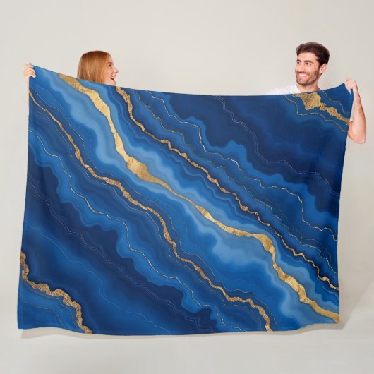 Trendy Royal Blue Gold Marble Collectie Fleece Deken (In situ)