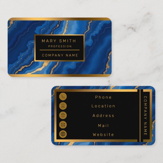 Trendy Royal Blue Gold Marble Collectie Visitekaartje (Voorkant / Achterkant)