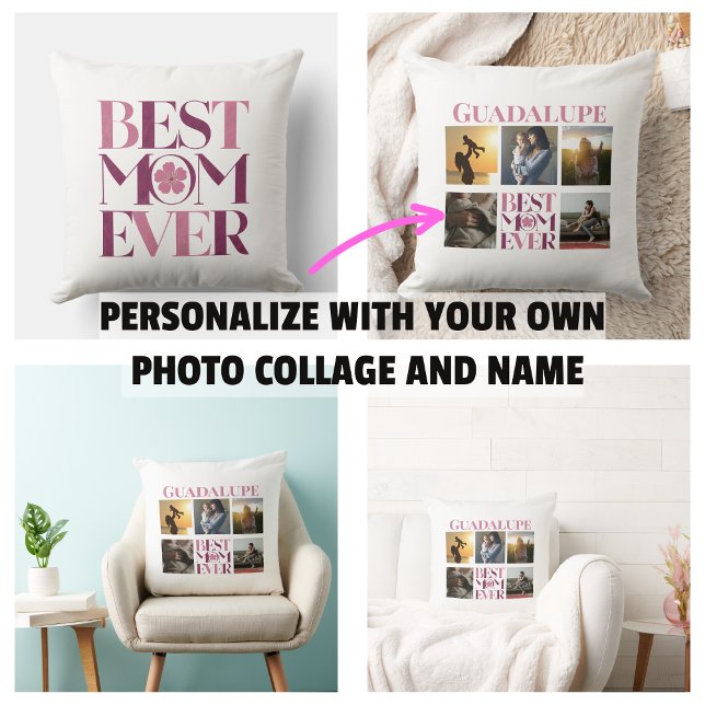 Trendy Roze Beste Moeder Ooit Foto Collage Kussen (Trendy Pink Best Mom Ever Photo Collage Throw Pillow
)