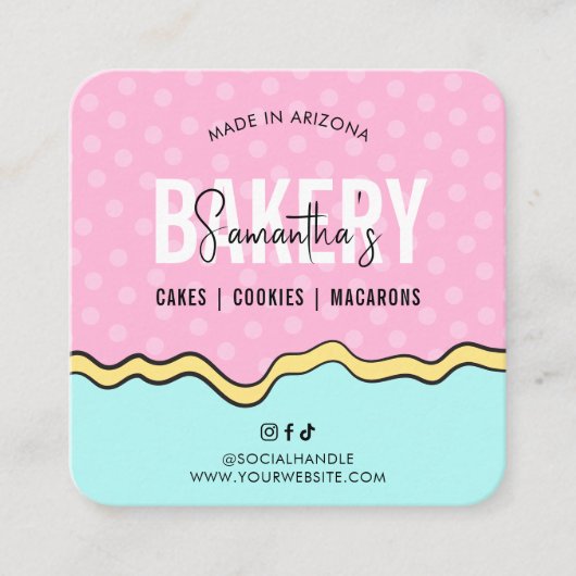 Trendy Roze Blauw Cartoon Cake Care Instructies Vierkante Visitekaartje (Voorkant)