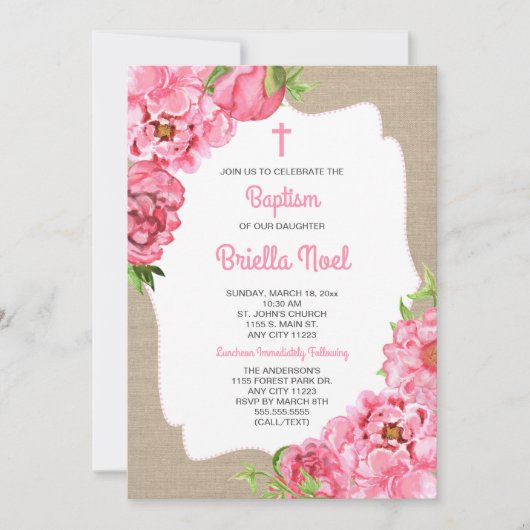 Trendy Roze Bloemen + canvas Doopsel uitnodigen Kaart (Voorkant)
