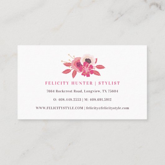 Trendy roze bloemmotief print & goud monogram visitekaartje (Achterkant)