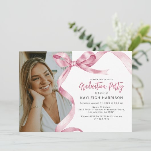 Trendy roze boog foto Afstuderen uitnodiging (Staand voorkant)