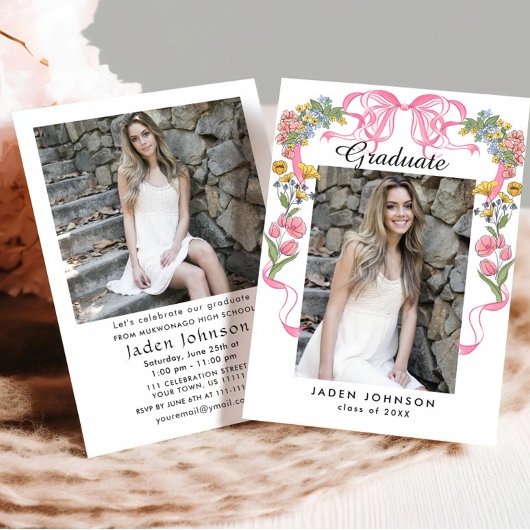 Trendy Roze Bow Coquette 2 FOTO Afstudeerfeest Kaart