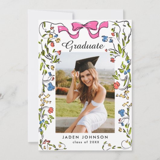 Trendy Roze Bow Coquette 2 FOTO Afstudeerfeest Kaart (Voorkant)