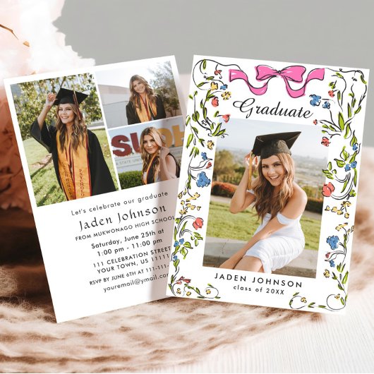 Trendy Roze Bow Coquette 4 FOTO Afstudeerfeest Kaart