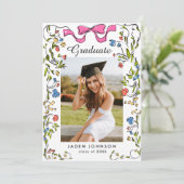 Trendy Roze Bow Coquette 4 FOTO Afstudeerfeest Kaart (Staand voorkant)