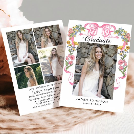 Trendy Roze Bow Coquette 5 FOTO Afstudeerfeest Kaart