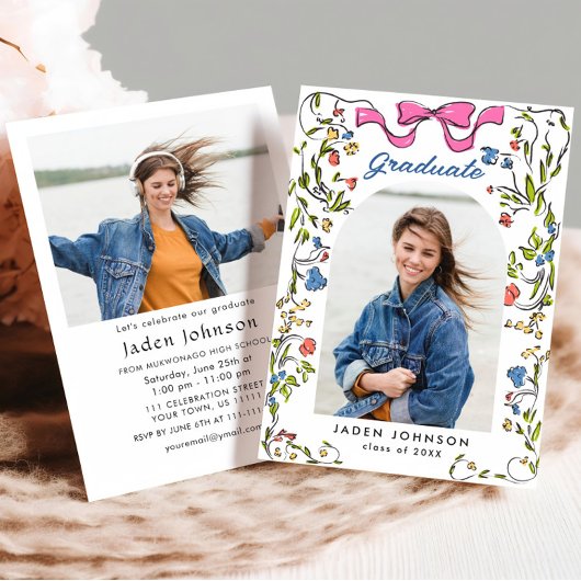 Trendy Roze Bow Ribbon 2 FOTO Afstudeerfeest Kaart