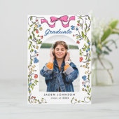 Trendy Roze Bow Ribbon 2 FOTO Afstudeerfeest Kaart (Staand voorkant)