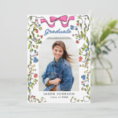 Trendy Roze Bow Ribbon 2 FOTO Afstudeerfeest Kaart (Staand voorkant)