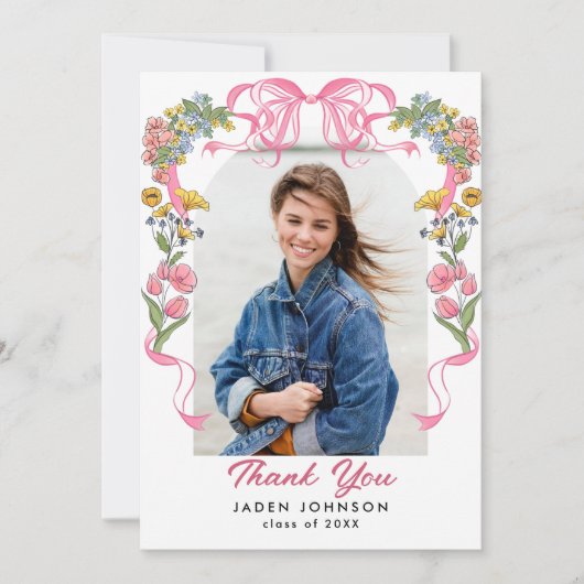 Trendy Roze Bow Ribbon 4 FOTO Afstudeerfeest Bedankkaart (Voorkant)