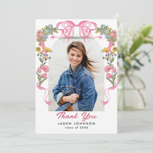 Trendy Roze Bow Ribbon 4 FOTO Afstudeerfeest Bedankkaart (Staand voorkant)