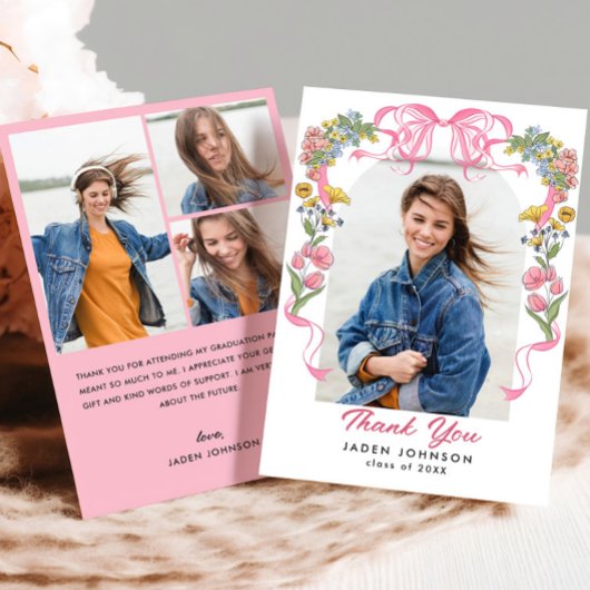 Trendy Roze Bow Ribbon 4 FOTO Afstudeerfeest Bedankkaart