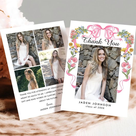 Trendy Roze Bow Ribbon 5 FOTO Afstudeerfeest Bedankkaart