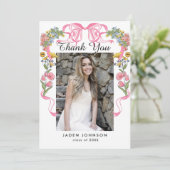 Trendy Roze Bow Ribbon 5 FOTO Afstudeerfeest Bedankkaart (Staand voorkant)