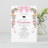 Trendy Roze Bow Ribbon FOTO Afstudeerfeest Kaart (Staand voorkant)